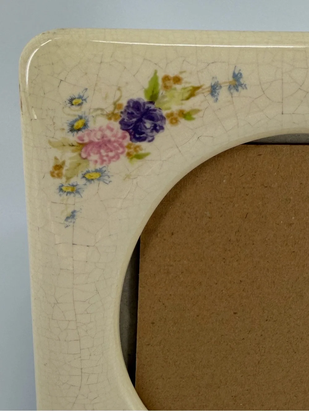 Vintage Ceramic Picture Frame Crackle Glaze Oval Opening, Floral Accents